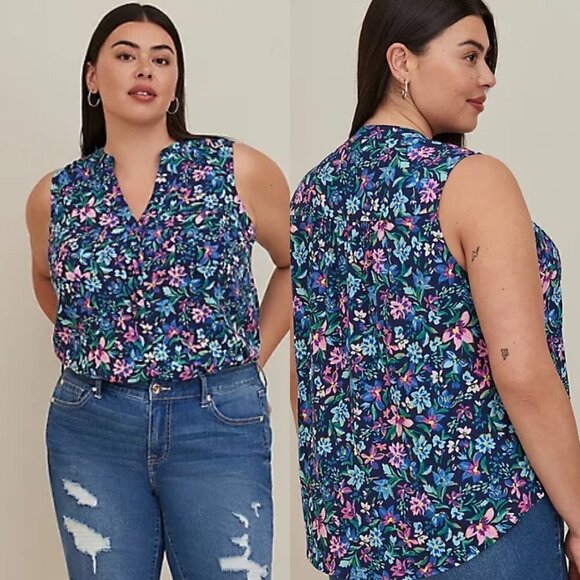 Torrid Womens NWT Navy Blue Floral Harper Rayon Slub Pullover Sleeveless Top 5X - Picture 1 of 8